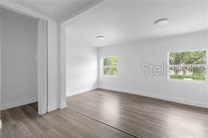 unfurnished room featuring dark wood-type flooring