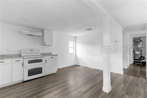 kitchen featuring white cabinets, dark wood-type flooring, and white stove