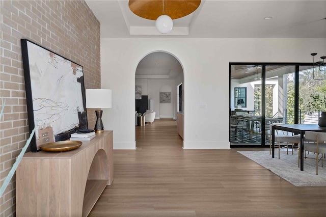 hallway with hardwood / wood-style flooring and a tray ceiling