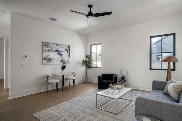 living room with ceiling fan and wood-type flooring