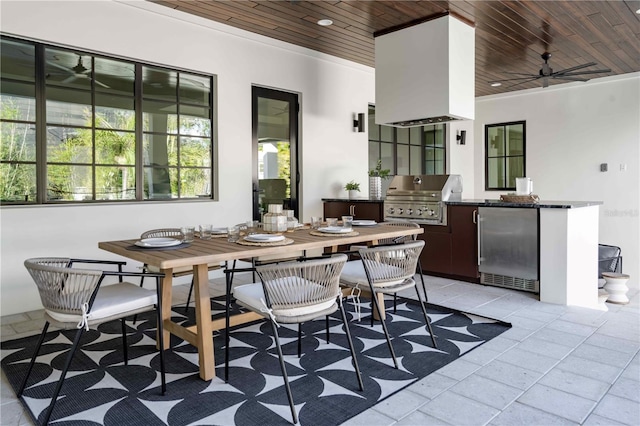 dining room featuring ceiling fan and wood ceiling