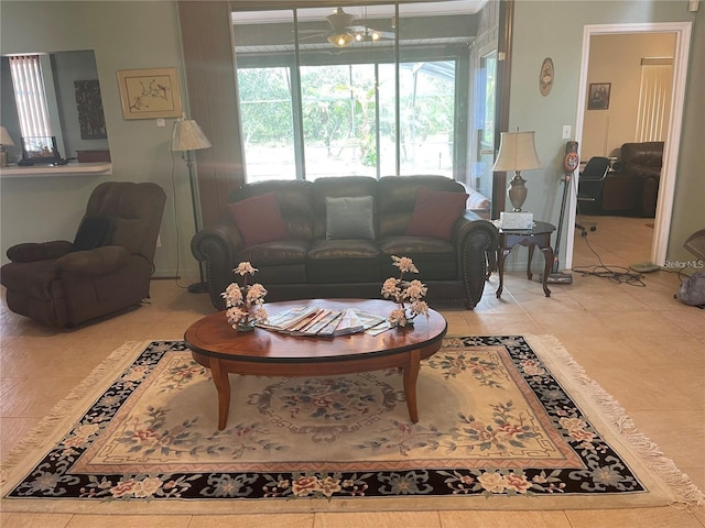 living room with tile patterned flooring