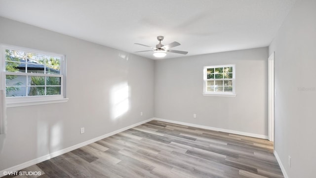 unfurnished room featuring ceiling fan, light hardwood / wood-style flooring, and a healthy amount of sunlight