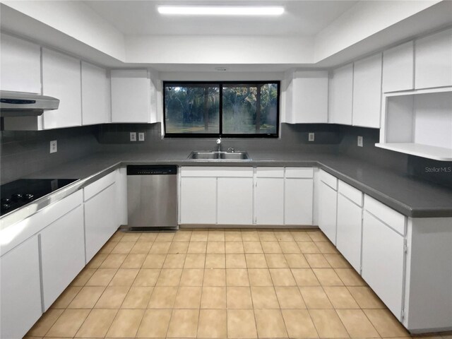 kitchen featuring white cabinetry, sink, stainless steel dishwasher, ventilation hood, and black cooktop