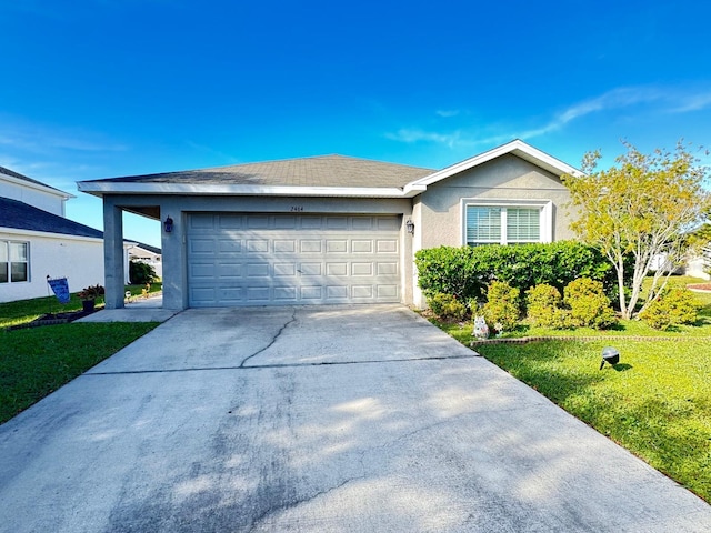 single story home with a front lawn and a garage