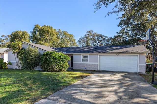 ranch-style home with a garage and a front yard