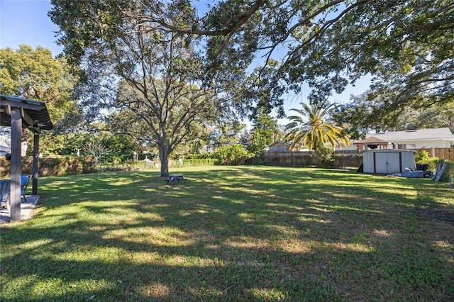 view of yard with a shed