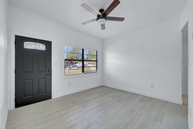 entryway with ceiling fan and light hardwood / wood-style flooring