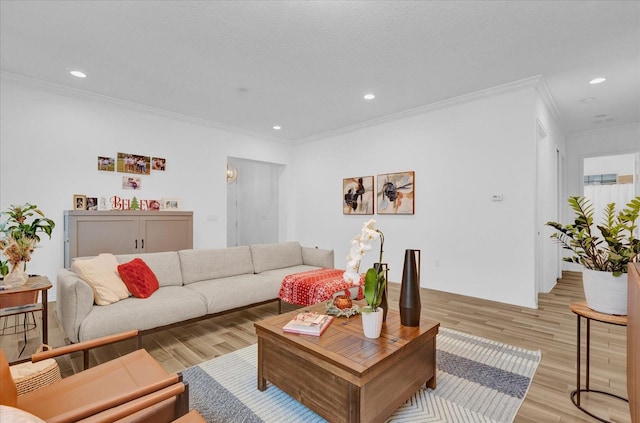 living room featuring a textured ceiling, light wood-type flooring, and ornamental molding