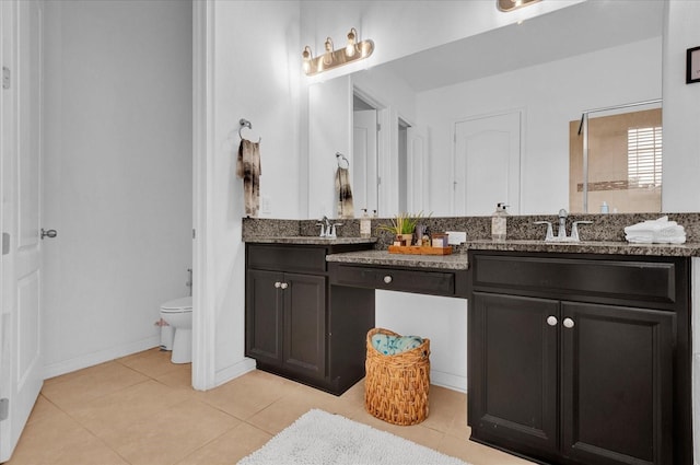 bathroom with tile patterned flooring, a shower, vanity, and toilet