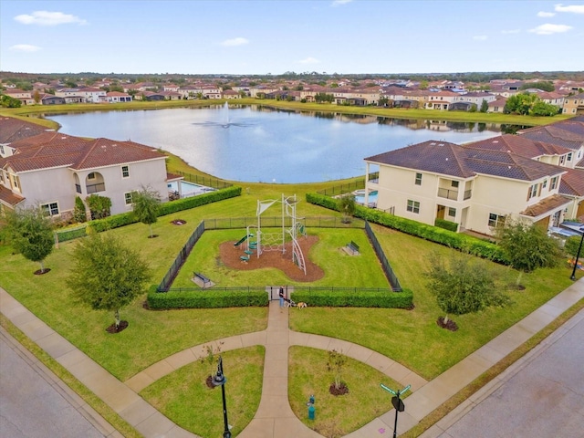 aerial view featuring a water view