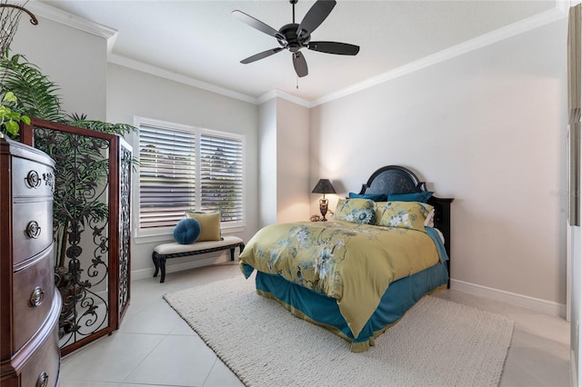 bedroom with ceiling fan, light tile patterned flooring, and ornamental molding