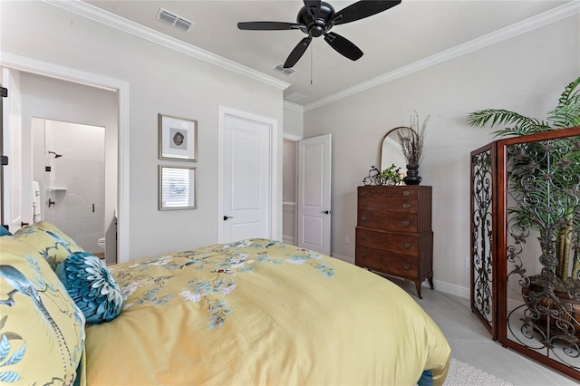 carpeted bedroom with ensuite bathroom, ceiling fan, and crown molding