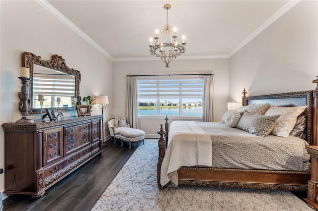 bedroom featuring dark hardwood / wood-style flooring, ornamental molding, a water view, and multiple windows