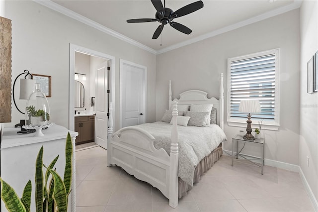 bedroom featuring ensuite bathroom, ceiling fan, light tile patterned floors, and ornamental molding