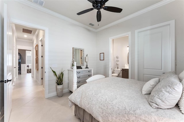 bedroom with ceiling fan, light tile patterned flooring, crown molding, and ensuite bath