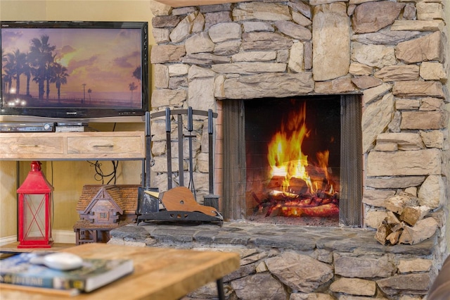 details featuring a stone fireplace