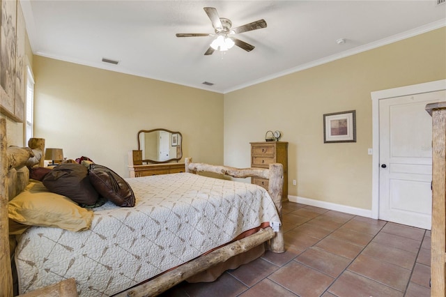 bedroom with tile patterned floors, ceiling fan, and crown molding