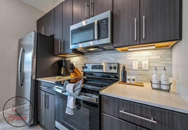 kitchen with decorative backsplash, dark brown cabinetry, and stainless steel appliances