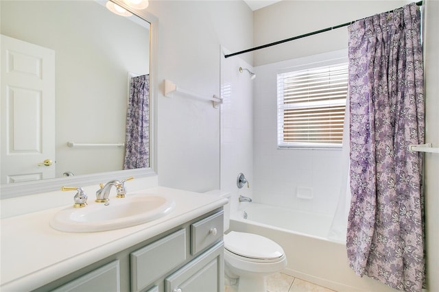 full bathroom with tile patterned floors, vanity, toilet, and shower / tub combo with curtain