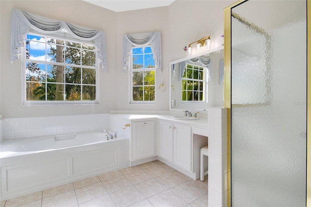 bathroom with tile patterned flooring, vanity, and plus walk in shower