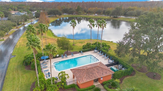 drone / aerial view featuring a water view