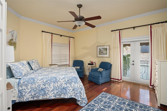 bedroom with dark wood-type flooring, ceiling fan, ornamental molding, and access to outside