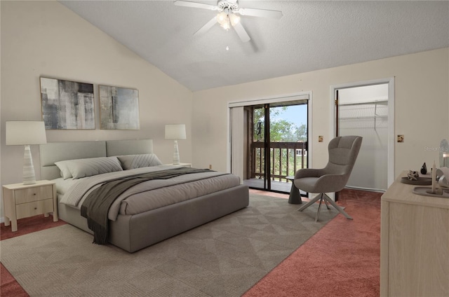 bedroom featuring ceiling fan, light colored carpet, lofted ceiling, access to outside, and a closet