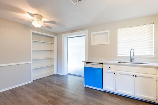 kitchen with hardwood / wood-style floors, dishwasher, white cabinets, sink, and ceiling fan