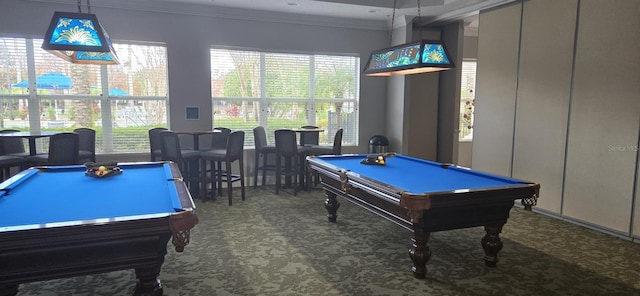 playroom with carpet flooring, crown molding, and billiards