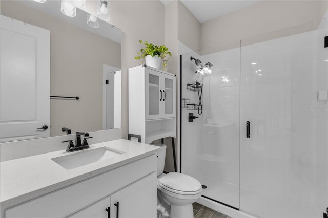 bathroom with toilet, a stall shower, and vanity