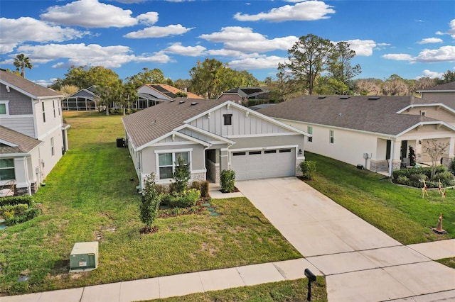 10157 Spring Lake Dr, Clermont, FL 34711 - craftsman house with board and batten siding, a garage, driveway, stone siding, and a front lawn