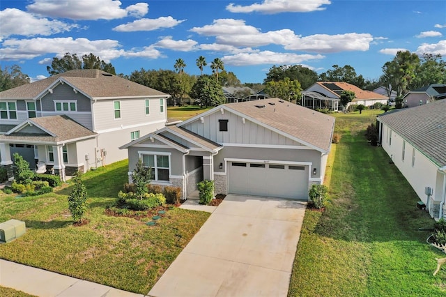 10157 Spring Lake Dr, Clermont, FL 34711 - view of front facade with stone siding, an attached garage, board and batten siding, driveway, and a residential view