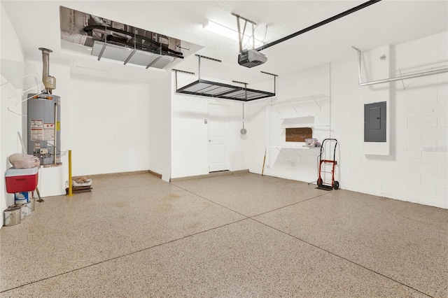 garage with electric panel, water heater, and a garage door opener