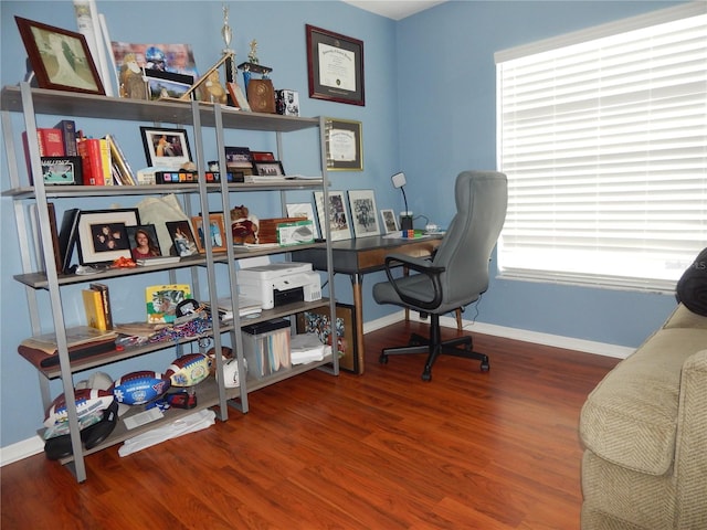 home office with hardwood / wood-style flooring