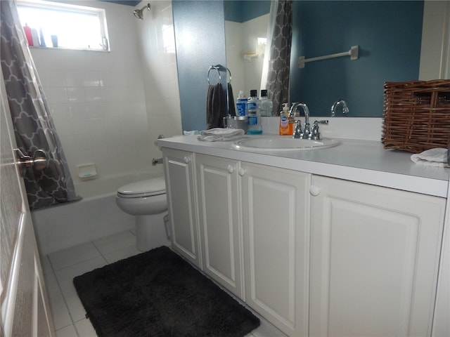 full bathroom featuring tile patterned flooring, vanity, toilet, and shower / bathtub combination with curtain