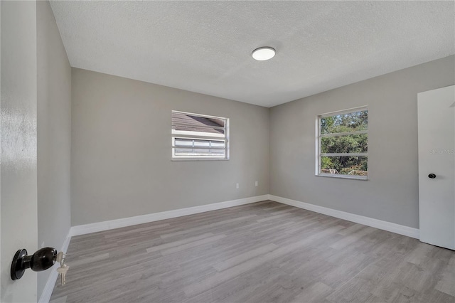 empty room featuring a healthy amount of sunlight, a textured ceiling, and light wood-type flooring