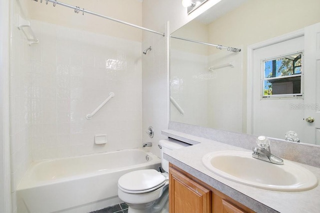 full bathroom featuring tile patterned flooring, vanity, toilet, and bathtub / shower combination