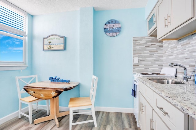 kitchen featuring sink, light stone counters, light hardwood / wood-style floors, decorative backsplash, and white cabinets