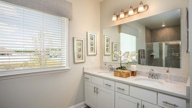 bathroom with vanity and walk in shower