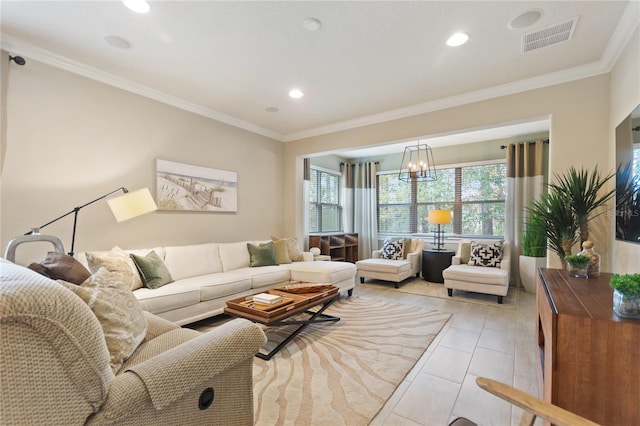 living room featuring ornamental molding, visible vents, a notable chandelier, and light tile patterned floors