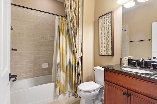 full bathroom featuring toilet, tile patterned floors, shower / bath combo with shower curtain, and vanity