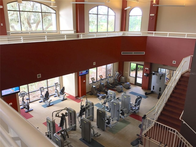 gym featuring carpet floors, plenty of natural light, and a towering ceiling