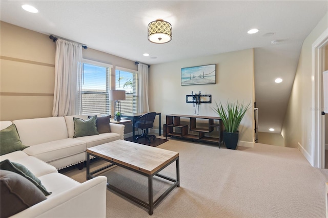 living room featuring carpet flooring, recessed lighting, and baseboards