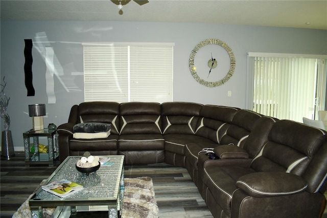 living room featuring ceiling fan and dark wood-type flooring