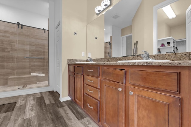 bathroom featuring vanity, a shower with shower door, and wood-type flooring