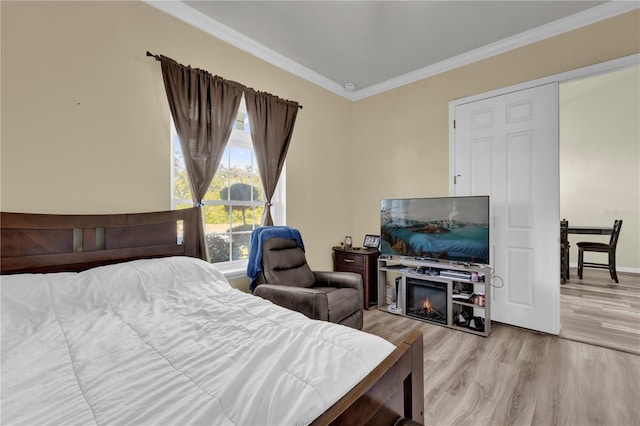 bedroom with light hardwood / wood-style floors, a closet, and ornamental molding