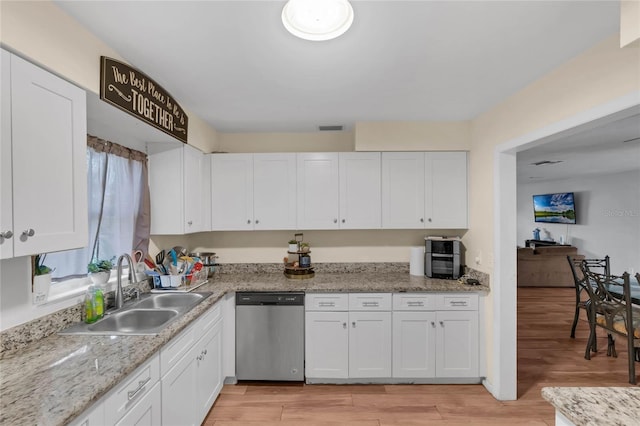 kitchen with white cabinets, sink, light hardwood / wood-style flooring, stainless steel dishwasher, and light stone counters