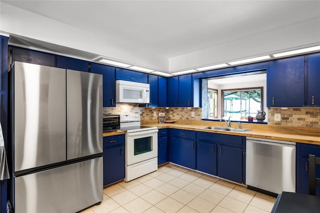 kitchen with decorative backsplash, stainless steel appliances, blue cabinetry, and sink