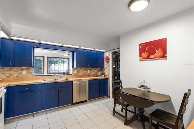 kitchen featuring dishwasher, decorative backsplash, ceiling fan, and sink